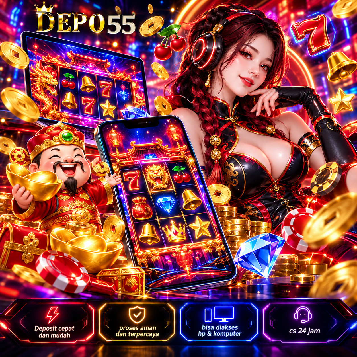 Banner DEPO55 bernuansa merah dan emas dengan ilustrasi karakter, perangkat digital, serta simbol permainan